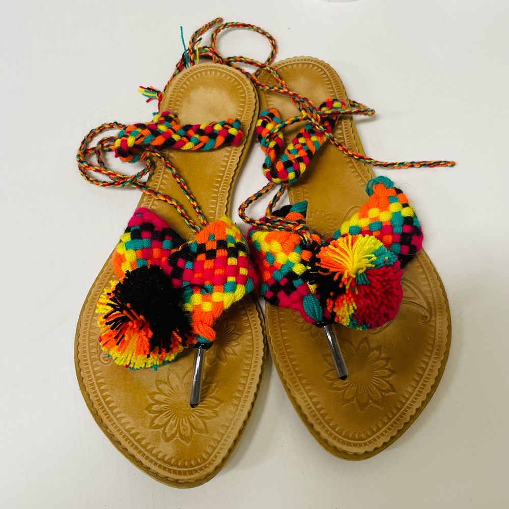 Cartagena Bright Bohemian Sandals, Pom Pom Lace Up Sandals, Made in Colombia